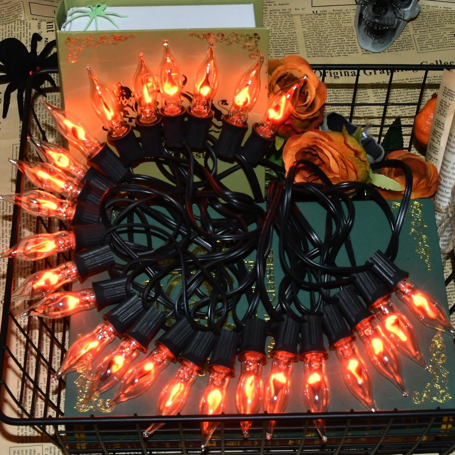 12.8Ft Christmas Lights Flickering Flame String Lights with 12 Pack Clear C7 Flame Light Bulbs（2 Spare）, Great for Indoor Outdoor Home Patio Party Christmas Decorations Lights, 1W, E12 Base