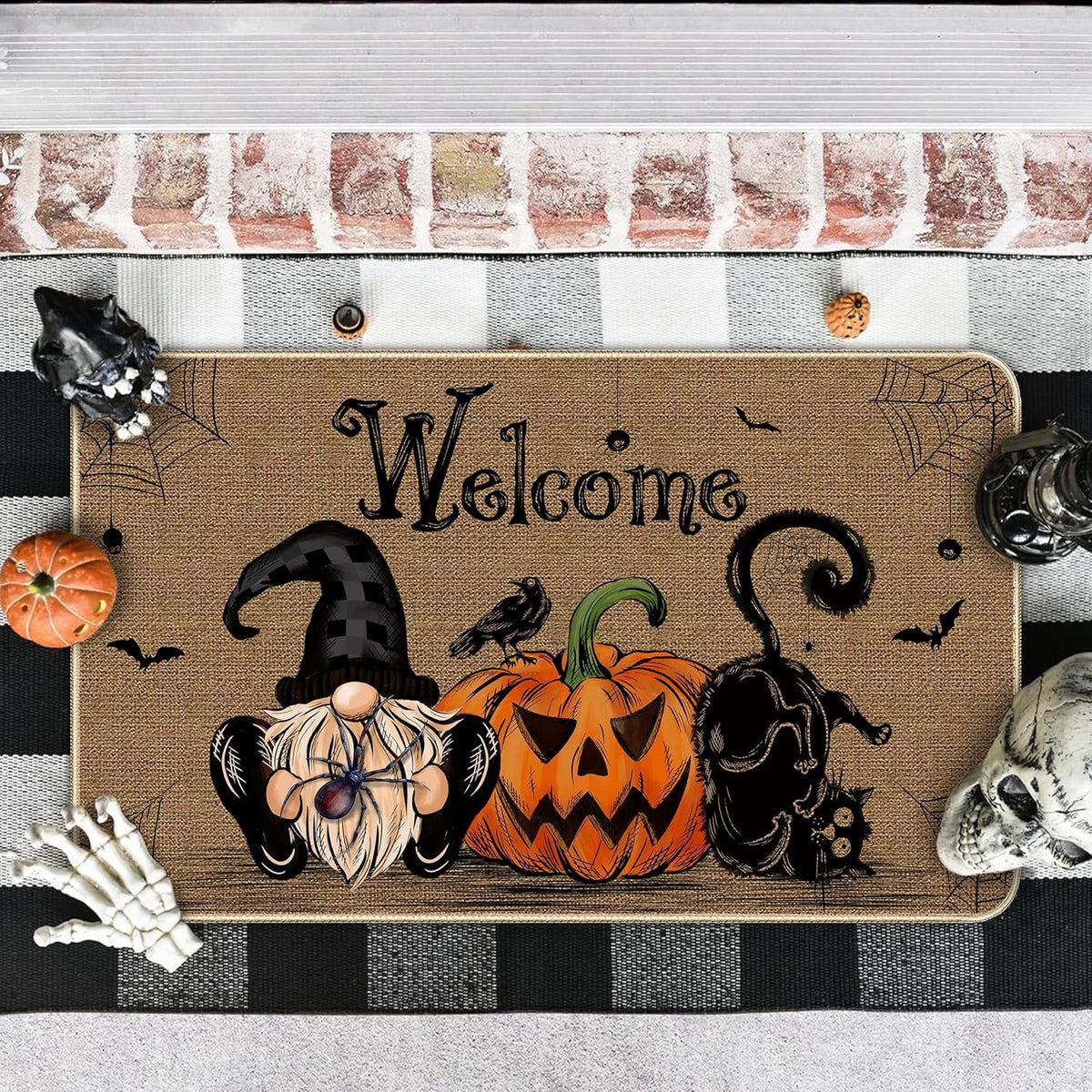 NIETEIN Halloween Door Mat Pumpkin Cat Gnomes Non-Slip Washable 31.5x19.7 Inch (Black Cat Pumpkin Dwarf)