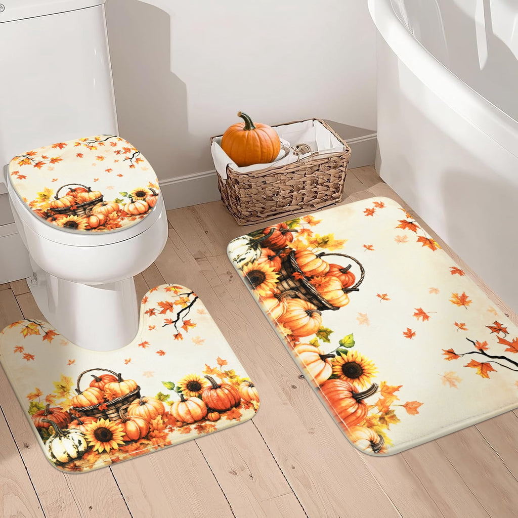 FRAMICS 16-Piece Fall Shower Curtain Sets with Rugs, Maple Leaves Pumpkin Bathroom Sets, Waterproof Fabric Bathroom Curtain Decor with Hooks