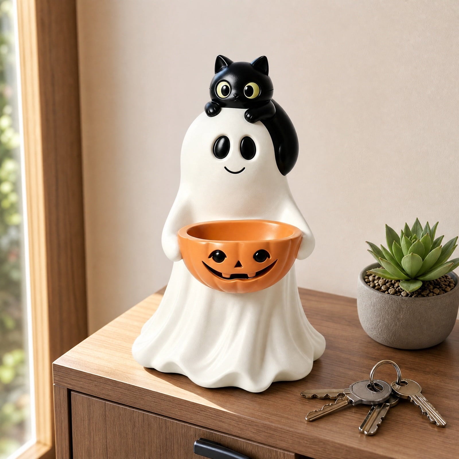 Diceymbol Halloween Pumpkin Snack Bowl Stand Collapsible Broomstick Candy Tray for Cupcakes & Desserts, Resin Serving Platter with Ceramic Pumpkin Bowls