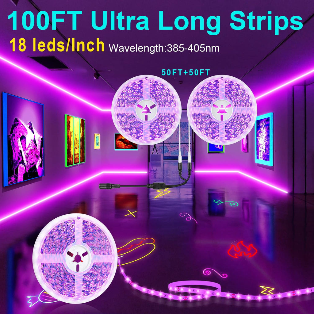 Gliztech 100FT Black Light Led Strip App Control, Black Light for Glow Party with Remote, Self Adhesive UV Light Strip for Halloween Decor, 24V