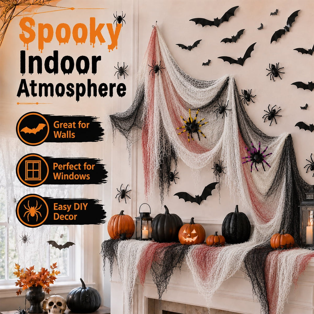 Halloween Creepy Cloth Halloween Gauz Scary Decoration with Bats Spiders Fabric Hanging Spooky Stuff for Indoor Outdoor Home Wall Haunted House Party Supplies 88Pcs Set 1