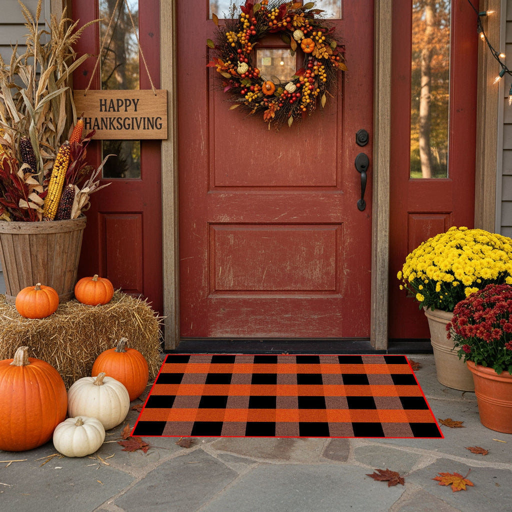 Halloween Fall Outdoor Rug Plaid Rug Foldable Floor Mat for Thanksgiving Front Door Front Porch Farmhouse Entryway Patio Decoration