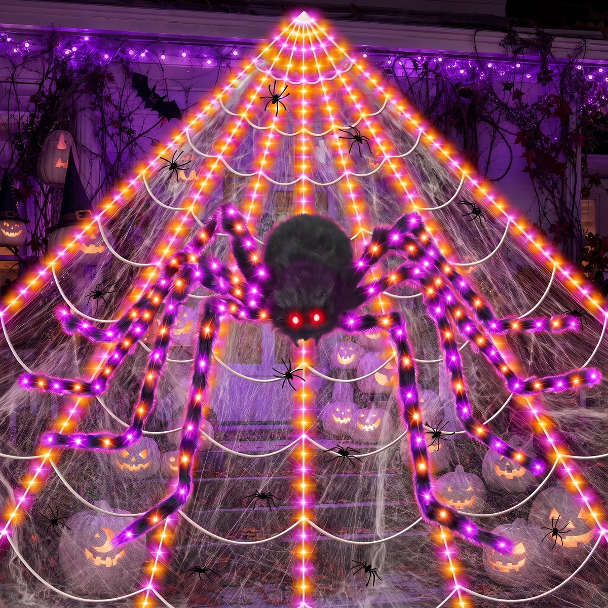 Leyaron Halloween Decorations Outdoor, 350 LED Halloween Spider Web String Lights with 79" Lighted Spider for Outdoor Garden Party Yard Porch Home Decor