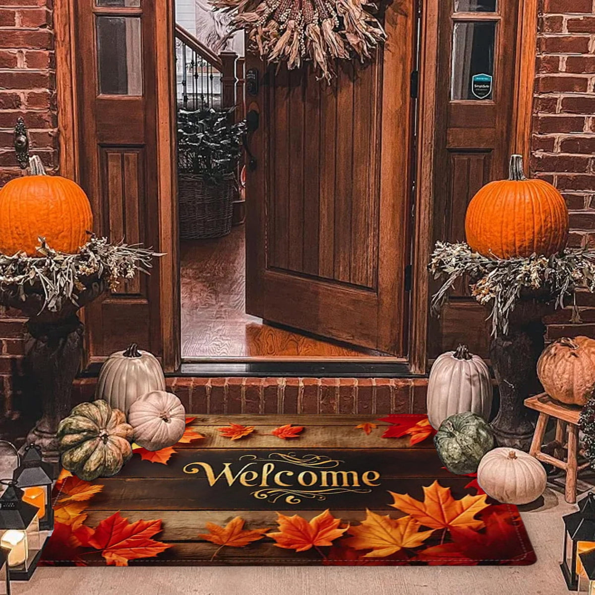 JoyMoreHome Fall Welcome Mat, 20x32 Inch Maple Leaves Door Mats, Decorative Indoor Outdoor Non Slip Entryway Rug, Halloween Thanksgiving Doormat Decor