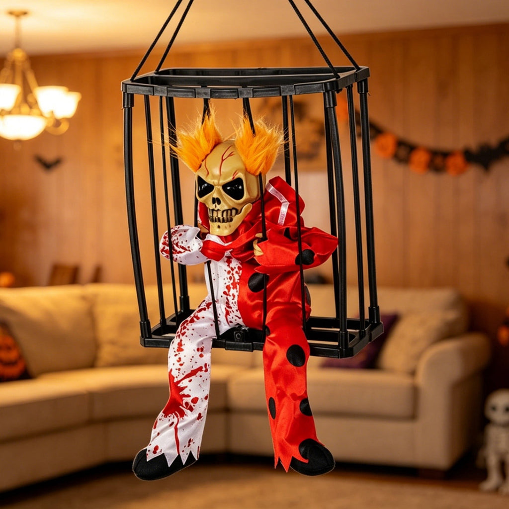 Sahpxhe Halloween Decorations Hanging Ghost Decor, Animated Shaking Caged Skeleton Prisoner with Glowing Red Eyes for Indoor Living Room Party Decor Watermelon Red