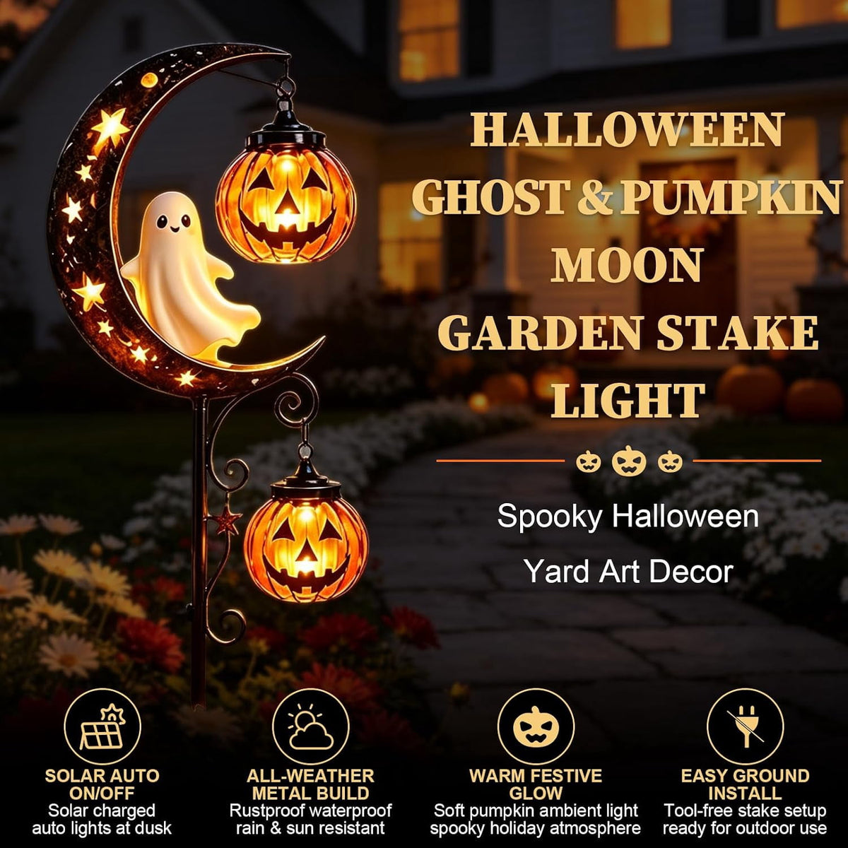 Solar Halloween Black Cat & Pumpkin Moon Garden Stake Light | Waterproof Metal Black Cat Yard Ornament, Auto On Off Solar Outdoor Light, Fall Halloween Decor Stake for Lawn Patio Pathway