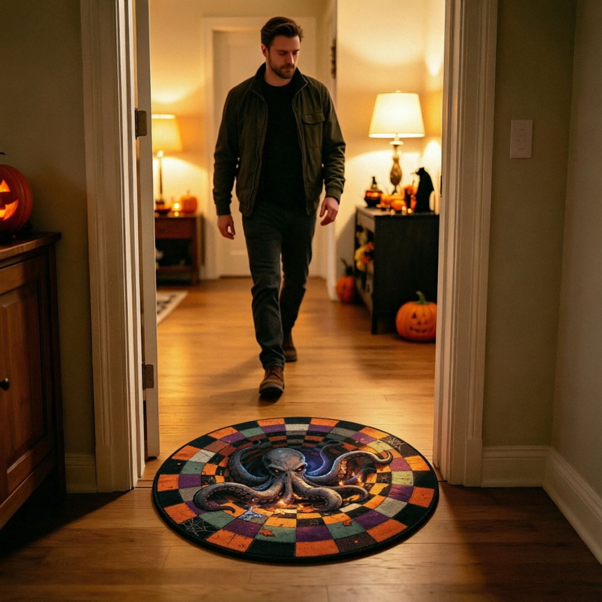Candy Corn Octopus Abyss Quilted Round Mat, 3D Halloween Optical Illusion Rug, Optical Illusion with Depth Pattern, Non- Soft Fabric (15.7in)