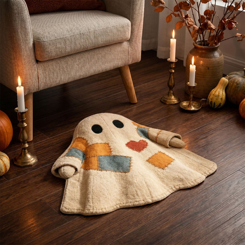 Lypsnake Patchwork Ghost Shaped Doormat,Vintage Stitched Fluffy Fabric Ghost Mat, Halloween Floor Carpet for Front Door Entrance Shower Room Fireplace Farmhouse Layout