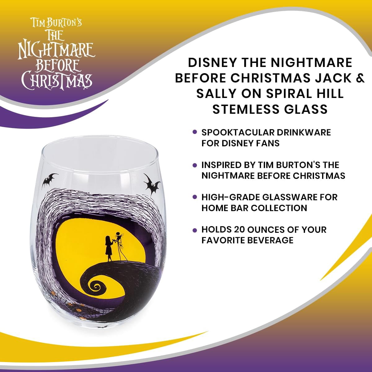 Disney The Nightmare Before Christmas Jack & Sally on Spiral Hill Stemless Glass