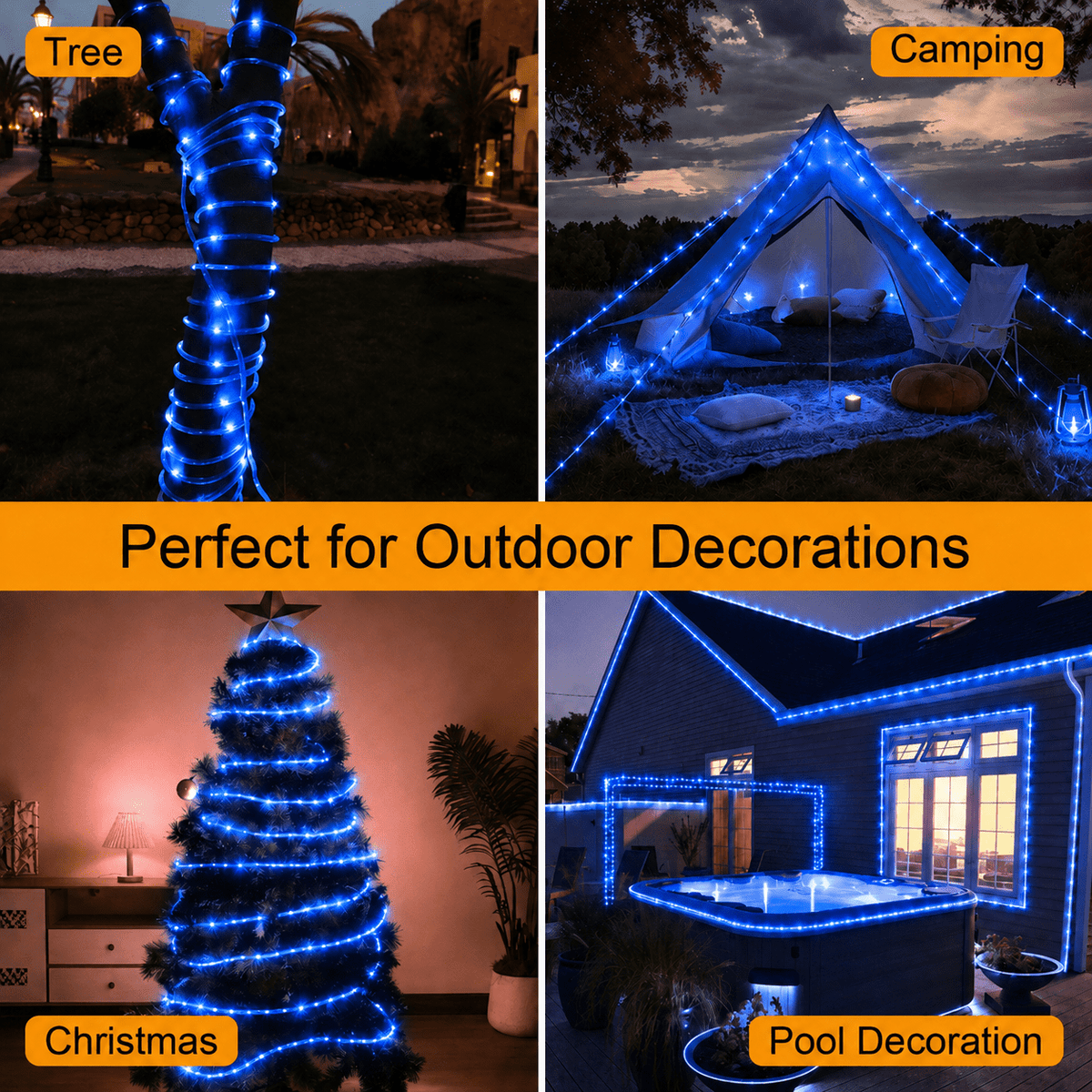 Solar Rope Lights Outdoor Waterproof 100LED Tube String Lights with USB Rechargeable Timer 8 Modes Dimmable Twinkle Fairy String Light for Trampoline Yard Pool Party Wedding Christmas