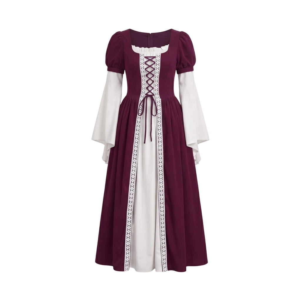 Hurxie Renaissance Costume Women Peasant Medieval Dress Maxi Fairy Dresses with Bell Sleeve Vintage Ren Faire Outfit