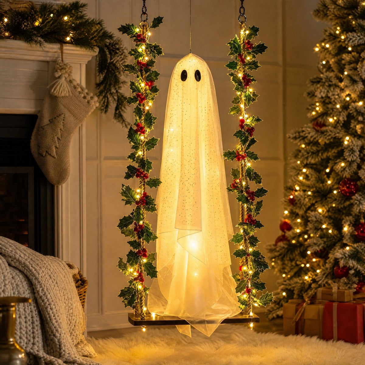 Clearance! Lighted Swing Ghost with Wooden Board, 45" Halloween Decorations Outdoor, Spooky Cute Ghosts Decorations for Front Porch Yard Tree
