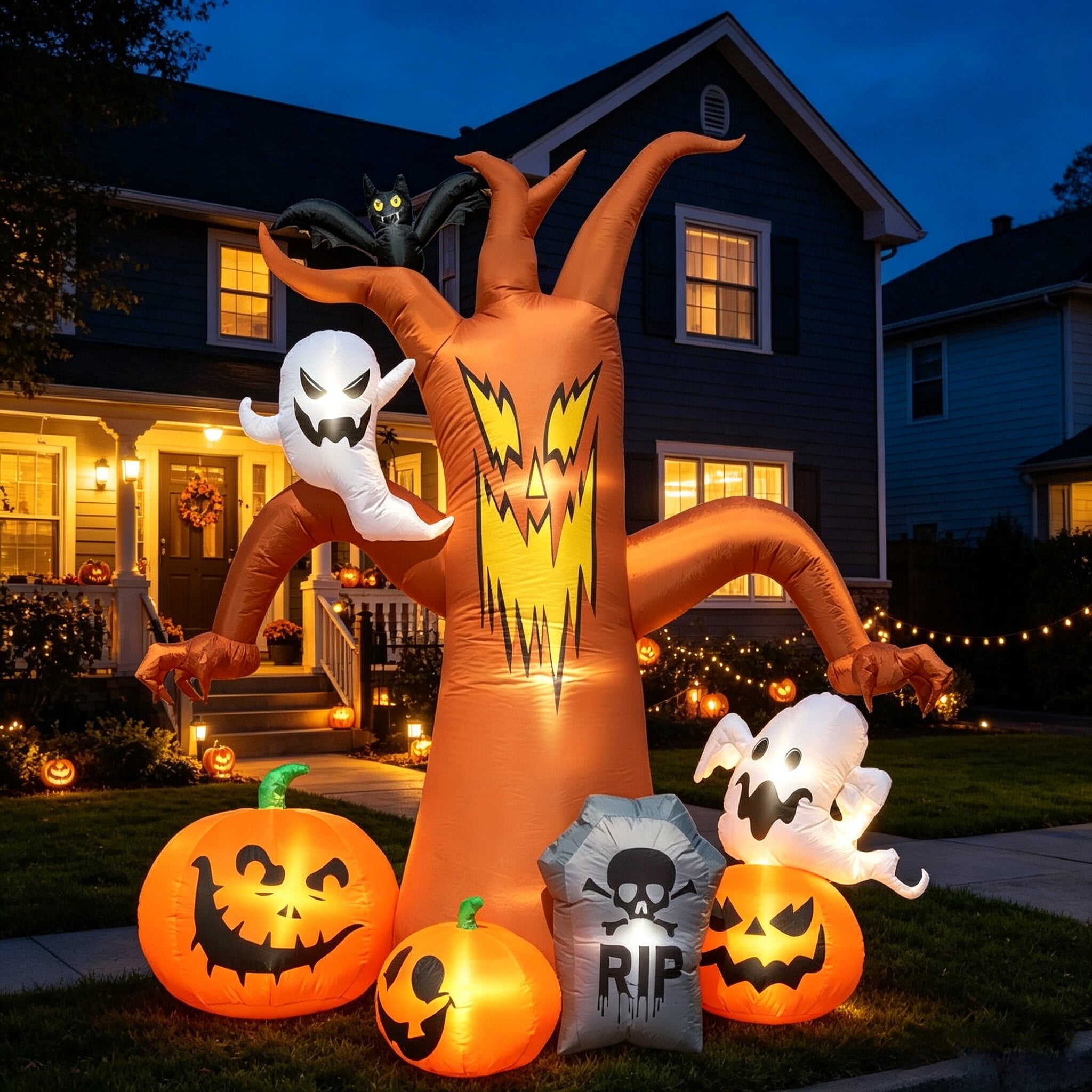 Coolmade 8 ft Halloween Inflatable Dead Tree, Blow‑Up Yard Decor with Built‑in LED Lights, Pumpkin Ghost Tombstone Bat for Lawn Garden Party
