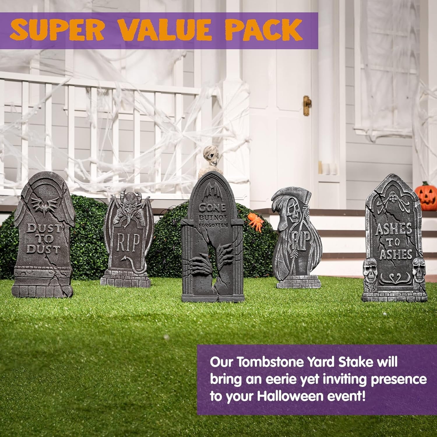 Joyfy 17" Halloween 5 Pack Tombstone Decorations, Foam RIP Graveyard Signs Cemetery Headstones Scary Outdoor Indoor Halloween Decor with 12 Metal Stakes for Easy Set Up, Waterproof for Garden Lawn