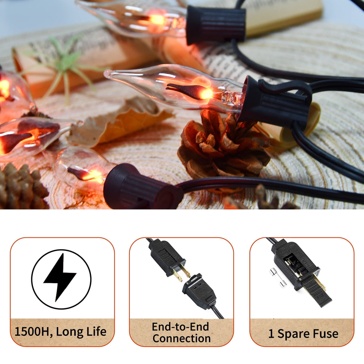 12.8Ft Christmas Lights Flickering Flame String Lights with 12 Pack Clear C7 Flame Light Bulbs（2 Spare）, Great for Indoor Outdoor Home Patio Party Christmas Decorations Lights, 1W, E12 Base