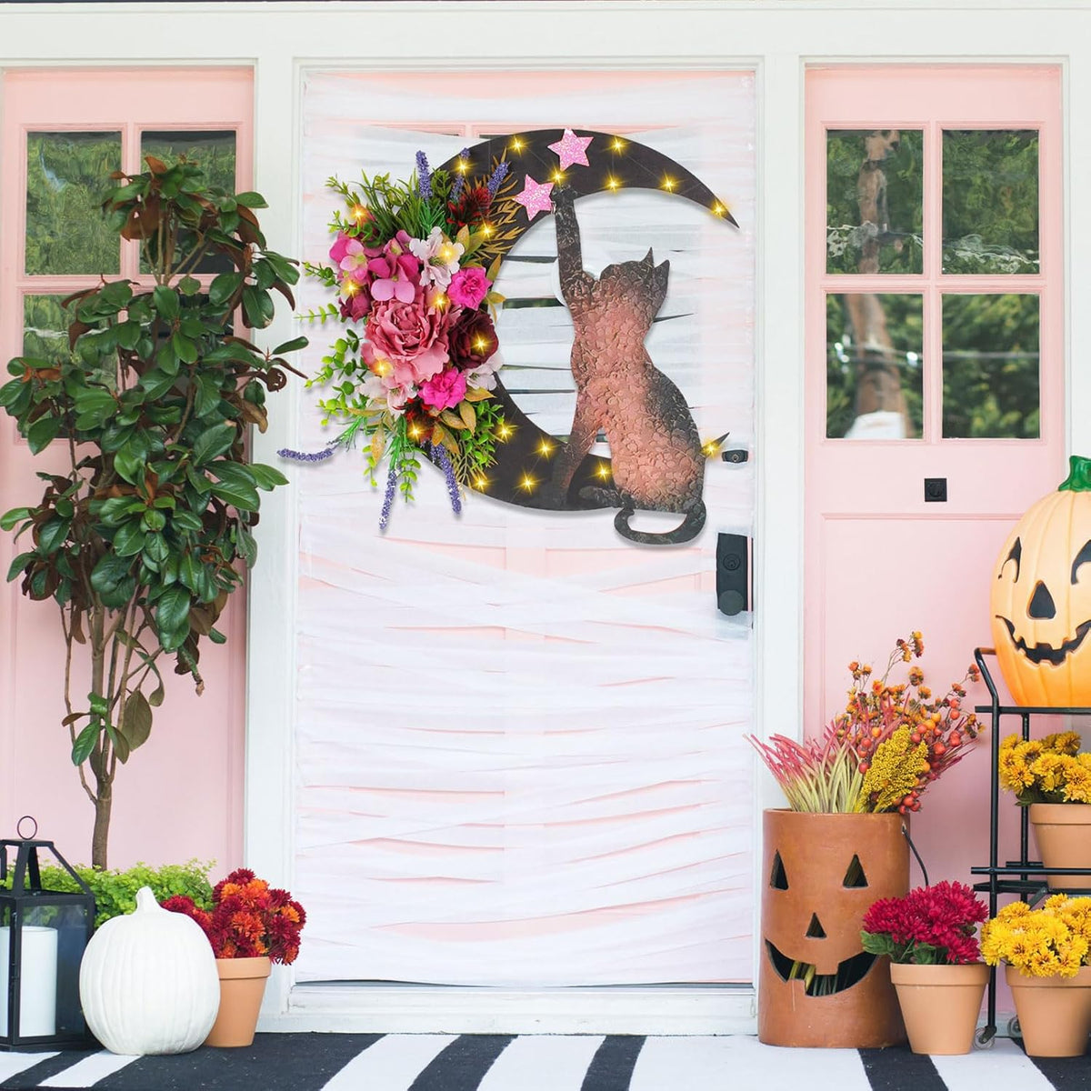 Halloween Wreaths For Front Door, Flower Moon Cat Halloween Home Decoration, Halloween Family Gathering Decoration Wreath，Outdoor, Wall, Closet, Fence, Wreath Halloween (Pink roses)