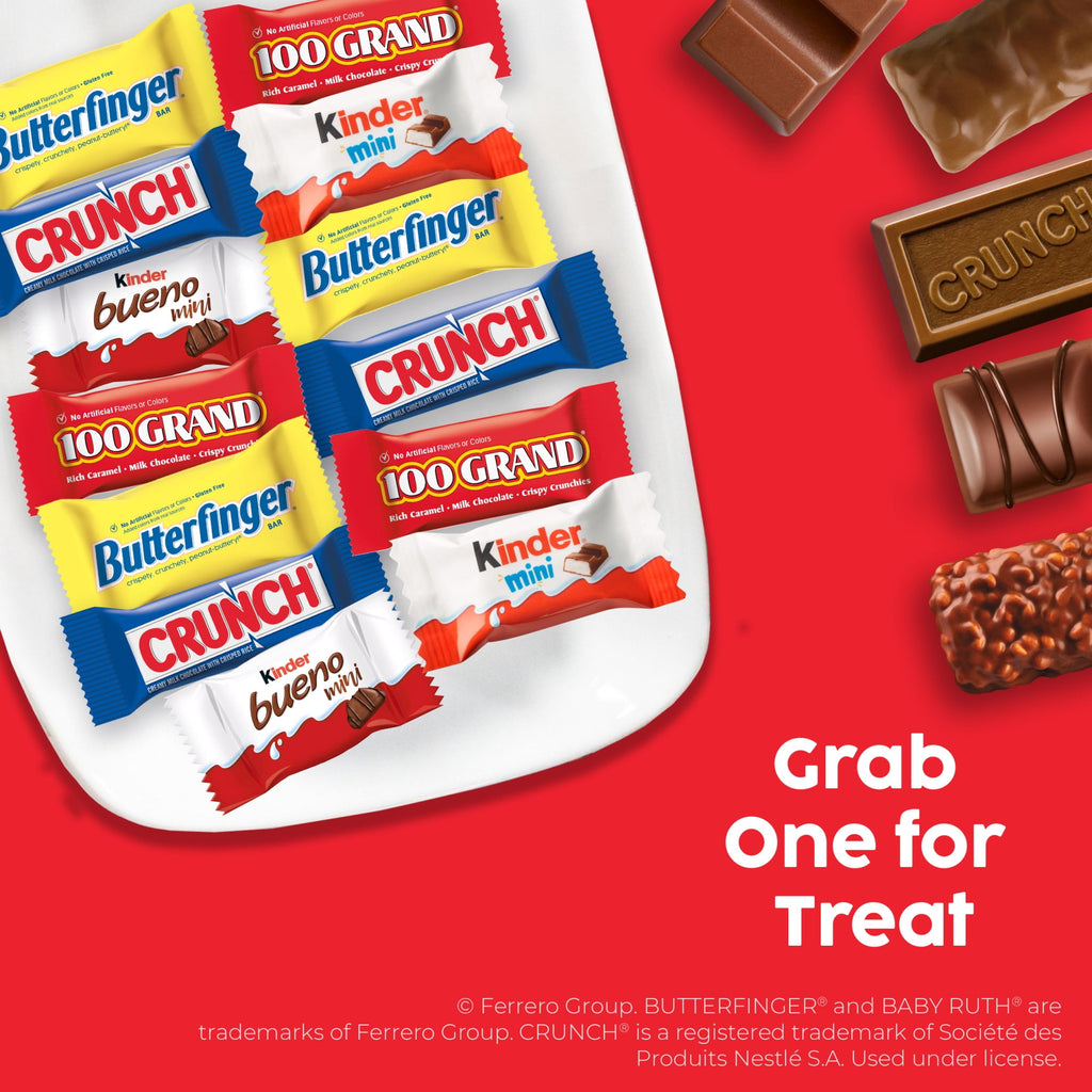 Butterfinger, CRUNCH, 100 Grand, Kinder Bueno, Kinder Chocolate, Minis Assorted Halloween Candy Bag, 100 Count, 32.2 oz