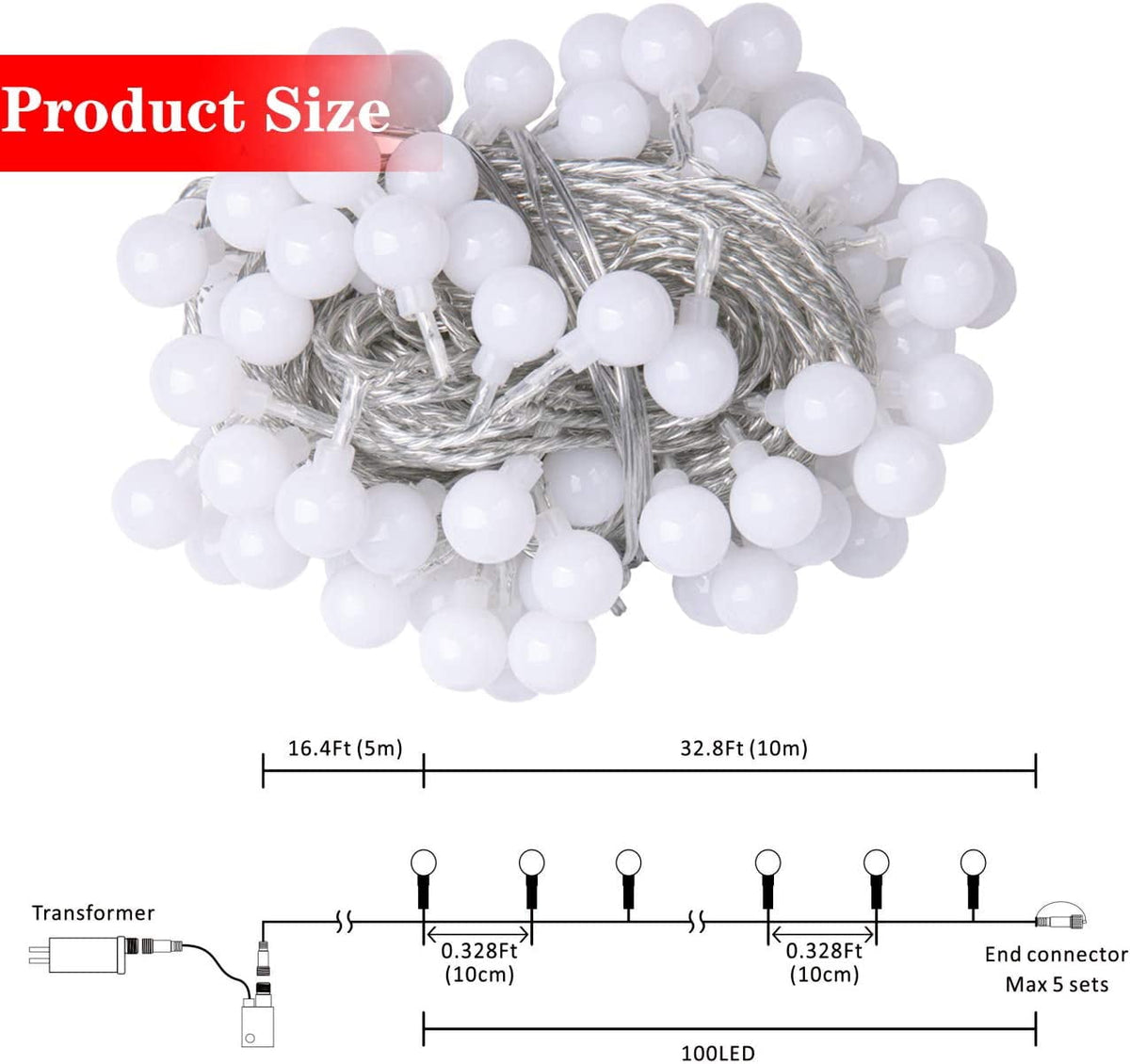 Bibana 100 LED 49 FT Globe Ball String Lights Fairy String Lights Plug in with Remote 8 Modes Extendable for Indoor Outdoor Wedding Birthday Christmas Tree Garden Decor (White)