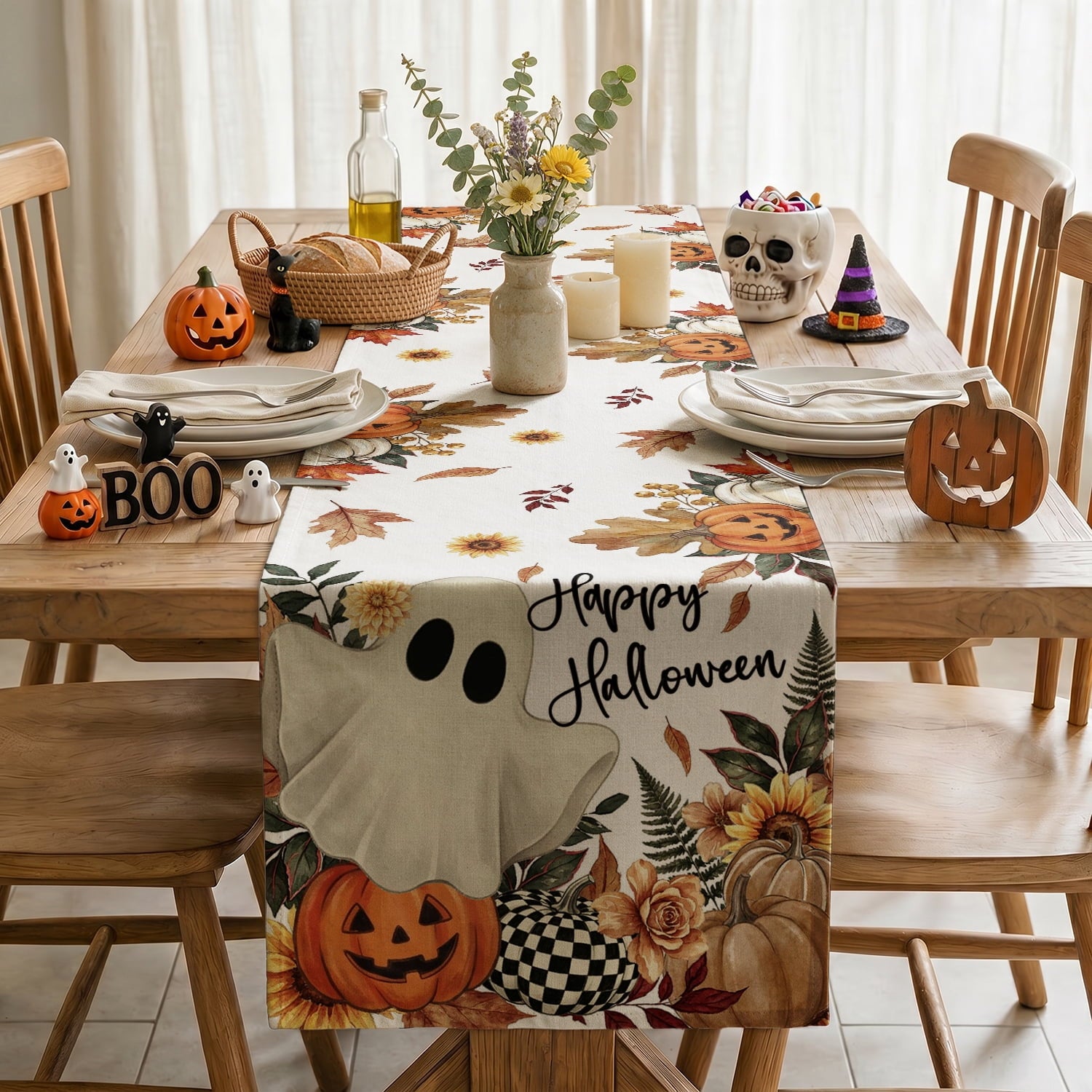Sm:)e Halloween Table Runner Ghost Pumpkin 13x72 Inch, Halloween Party Kitchen Dining Indoor Outdoor Decorations,Orange