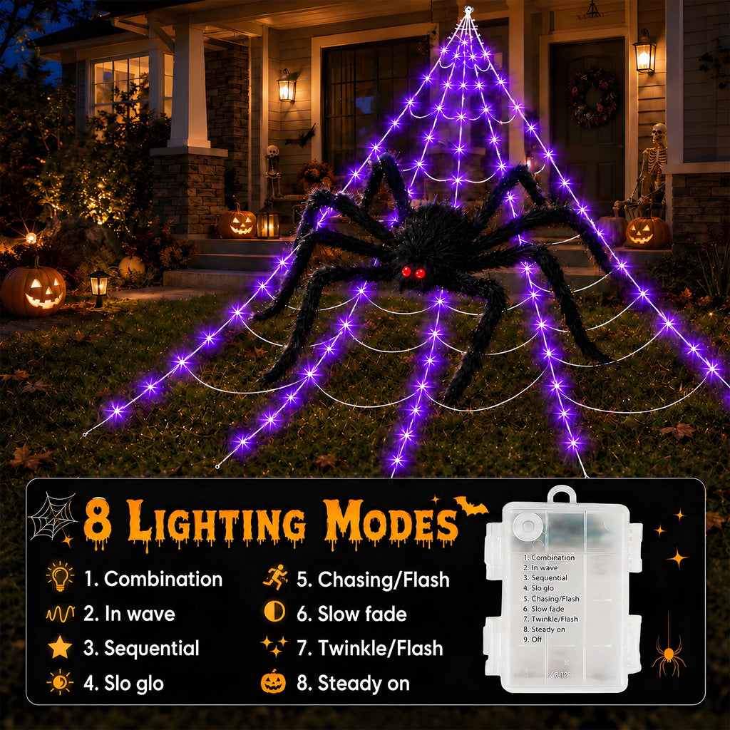 DAYBETTER Halloween Spider Web Lights, 5FT Giant Spider, 250 LED Holiday Lights, Remote Control Waterproof for Indoor Outdoor Yard Party Halloween Decorations (Purple & Orange)