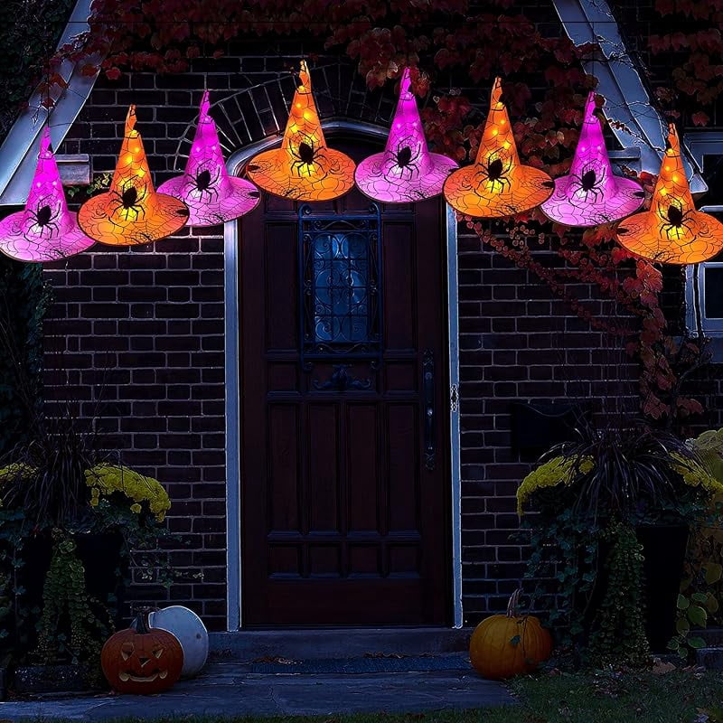 Halloween Decorations 8 Pcs Lighted Hanging Witch Hats, Remote Control with 8 Modes Light Up 14 FT Halloween String Lights, for Indoor Outdoor Yard, Lawn, Graveyard Scenes Party