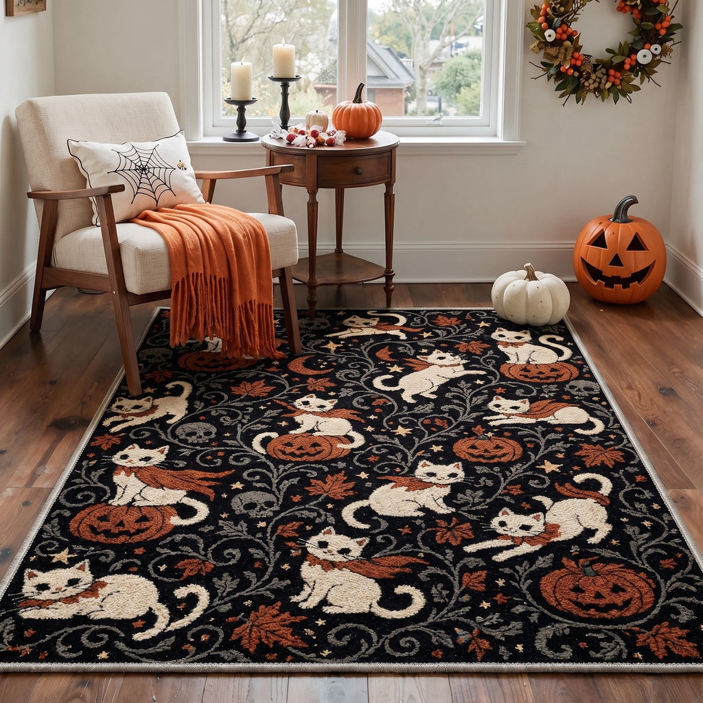 GENIMO 2'x3' Halloween Doormat, Washable Non Slip Soft Whimsical Cat Outdoor Door Mat for Front Door Covered Porch Patio Entryway, Vintage Black