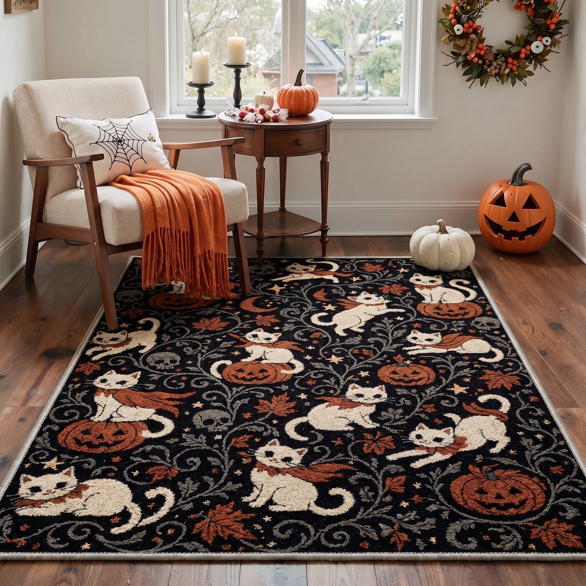 GENIMO 2'x3' Halloween Doormat, Washable Non Slip Soft Whimsical Cat Outdoor Door Mat for Front Door Covered Porch Patio Entryway, Vintage Black