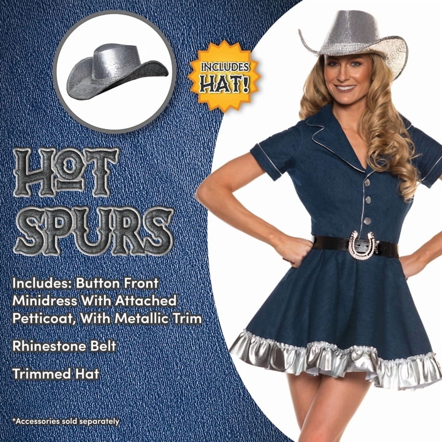 UNDERWRAPS Denim Sexy Cowgirl Costume - Western Dress for Women Halloween Costume, Includes Sequin Cowboy Hat & Faux Leather Rhinestone Belt