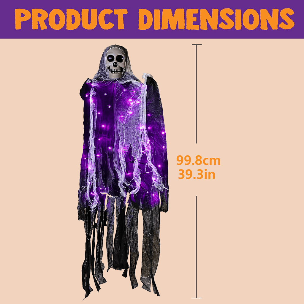 Halloween Hanging Grim Reaper with 60 LED Purple Halloween Lights,2 Lighting Modes Halloween Decoration Waterproof Battery Operated for Indoor/Outdoor Party,Yard,House Decor