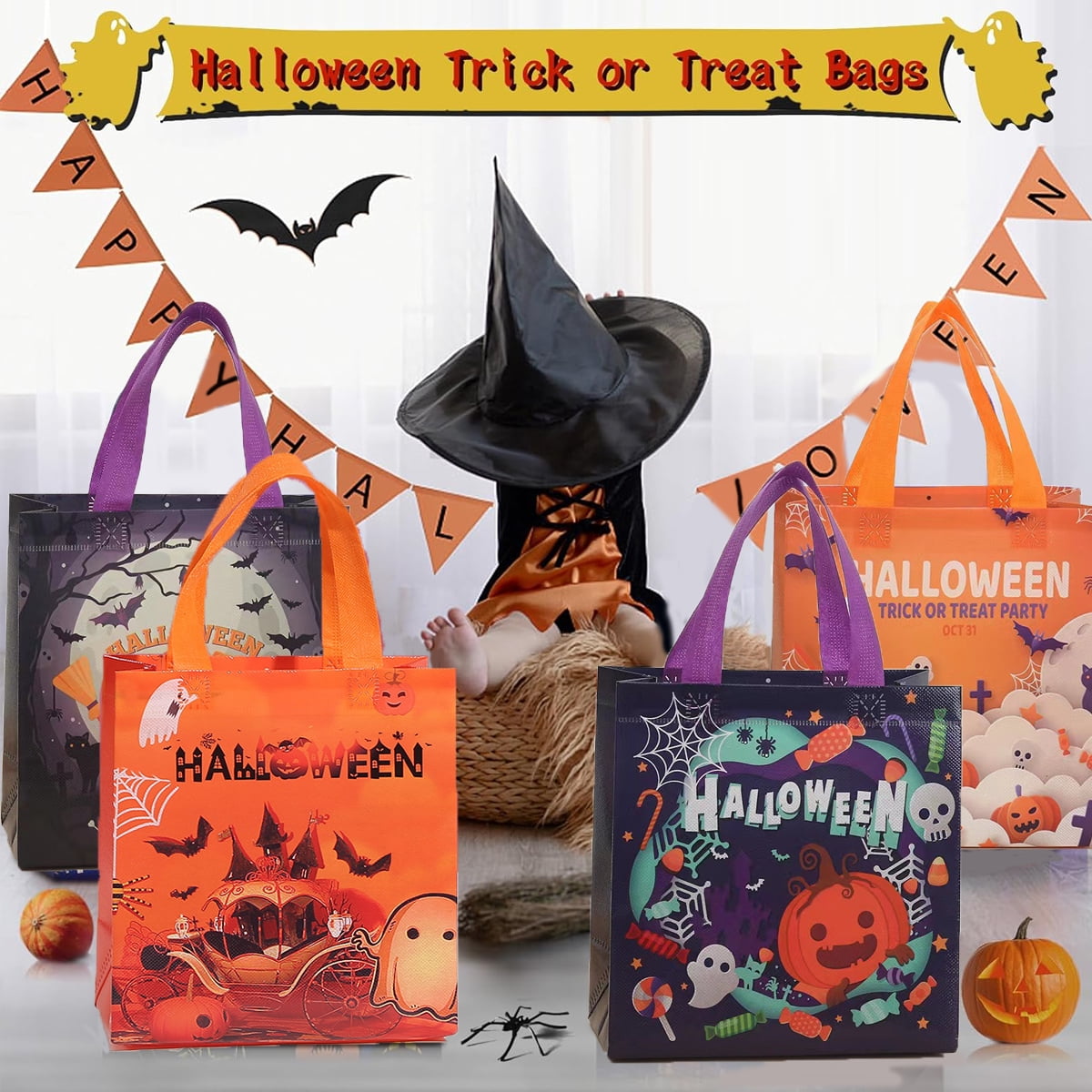 12 Packs Halloween Trick or Treat Bags, Reusable Non-Woven Gift Tote With Handles, Goodie Bags for Party Supplies, 9.06*8.66*4.33