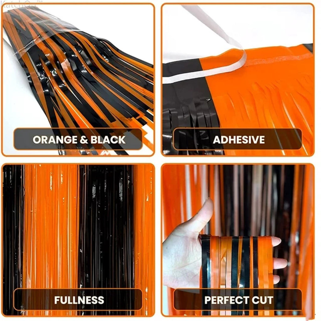 Home Decor Orange And Black Foil Curtains 6.6X3.3 Feet | Halloween Fringe For Halloween Decorations | Orange And Black Door Streamers Orange Foil Fringe Curtain For Orange Party Decoration