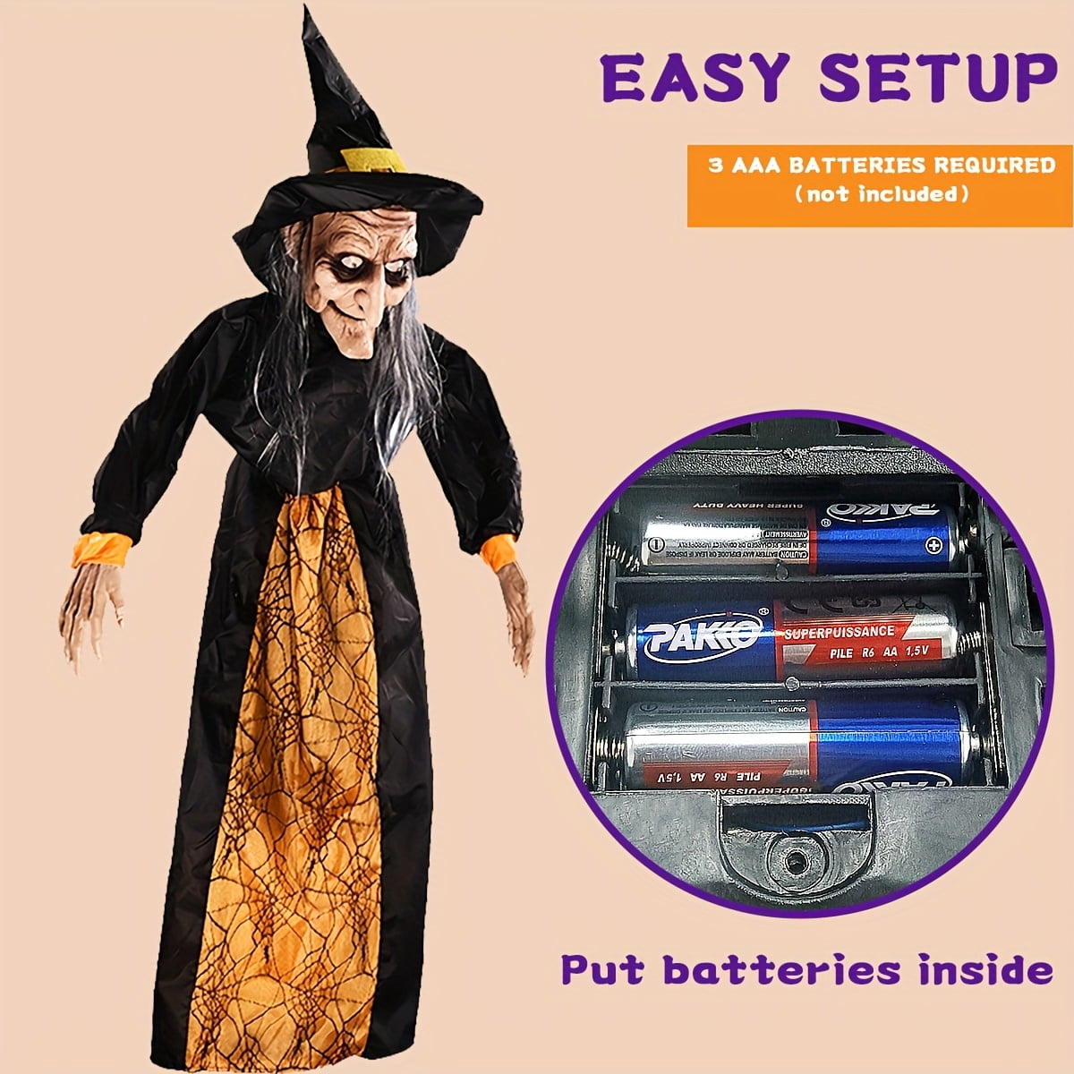 Halloween animated witch with sound and light effects (AAA batteries not included), perfect for haunted house decoration, voice-activated witch party horror hangings, Halloween escape props