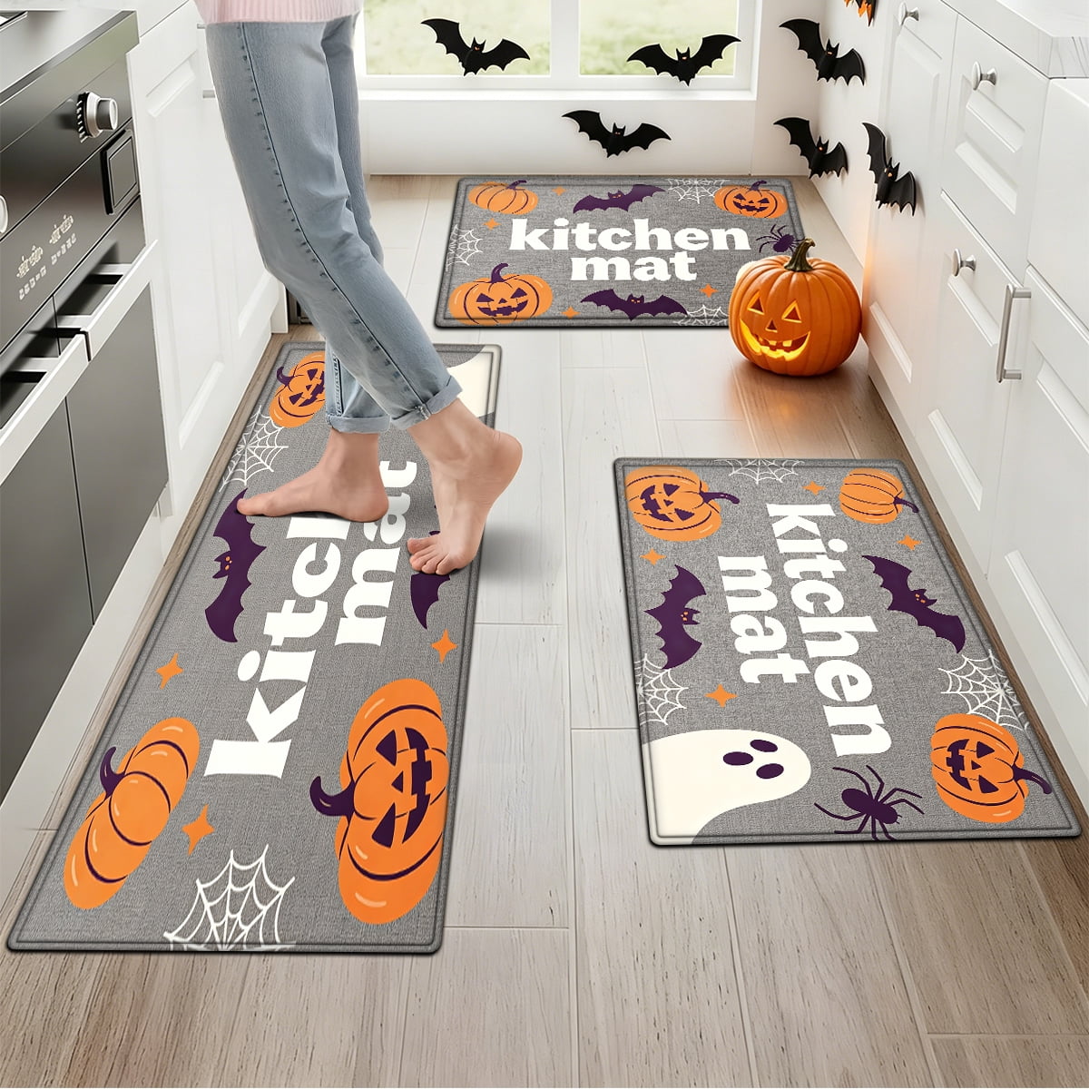 YIMEIS Halloween Pumpkin Lanterns 3Pcs Flannel Mat and Kitchen Rugs Set,Soft Non-slip,Perfect for Home Bathroom