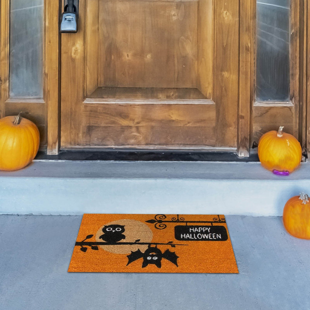 Wovilon Halloween Area Rug Doormat, Black Castle Front Door Mat Non Slip Rubber Backing, Happy Halloween Orange Indoor Outdoor Entrance Mats, Halloween Home Decor Outdoor Rug, 16 X 24 Inches
