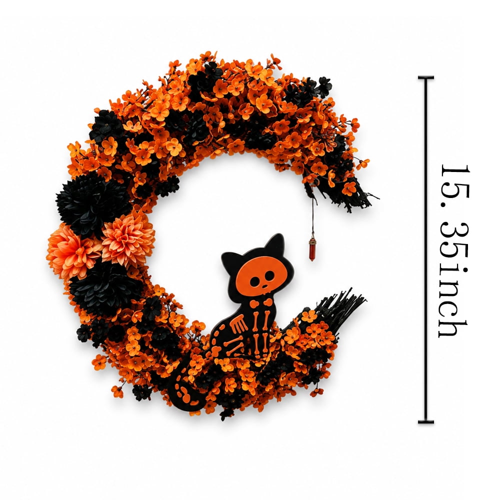 15.7" Artificial Halloween Skeleton Cat Moon Wreath, Orange Black Floral Crescent Decor for Front Door, Porch & Wall, Plastic & Fabric
