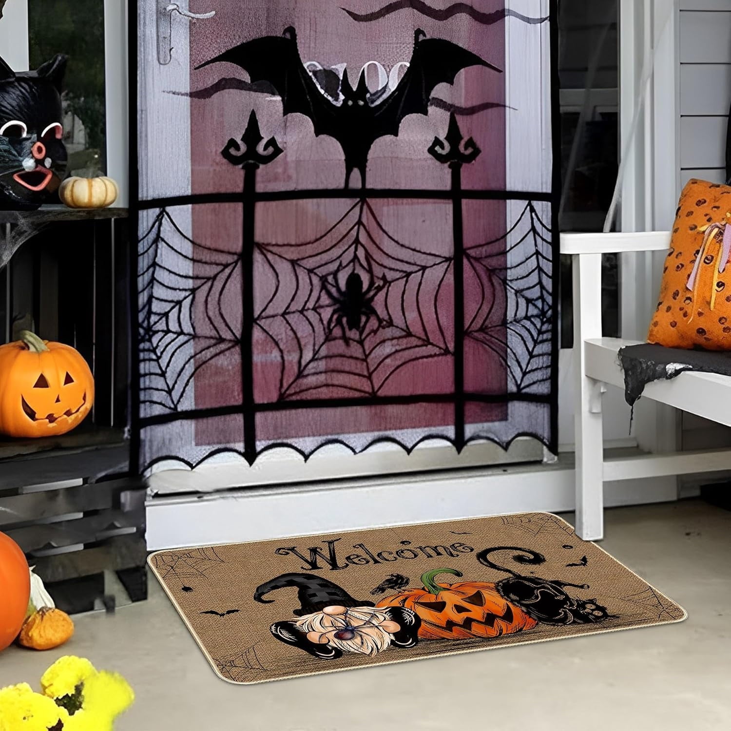NIETEIN Halloween Door Mat Pumpkin Cat Gnomes Non-Slip Washable 31.5x19.7 Inch (Black Cat Pumpkin Dwarf)