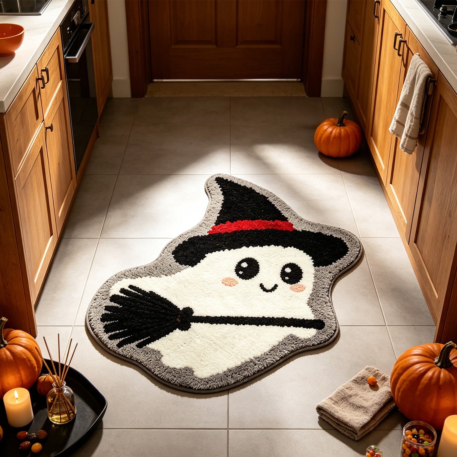 Halloween Doormat Ghost Bath Mat 23.6x15.7in Secure-Grip Absorbent Soft Faux Fur Rug for Bathroom Bedroom Living Room Decor by OVFUIZ