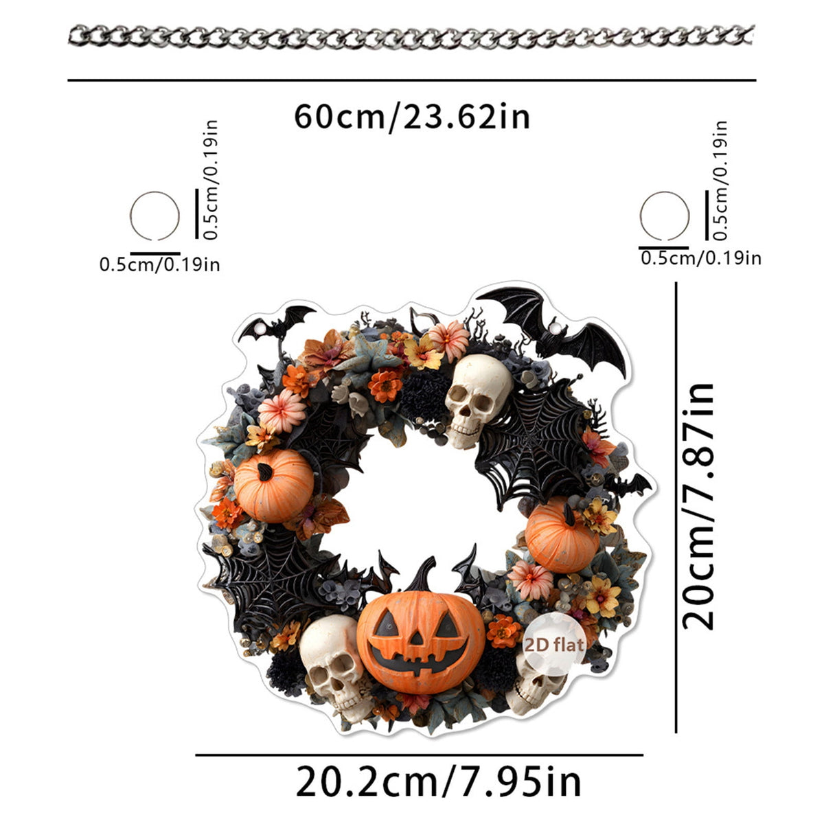 Btomtd Diameter 8" Pumpkin Skull Wreath Halloween Decor Acrylic Round Disk Hanging Ornament with Garland for Front Door Window, A