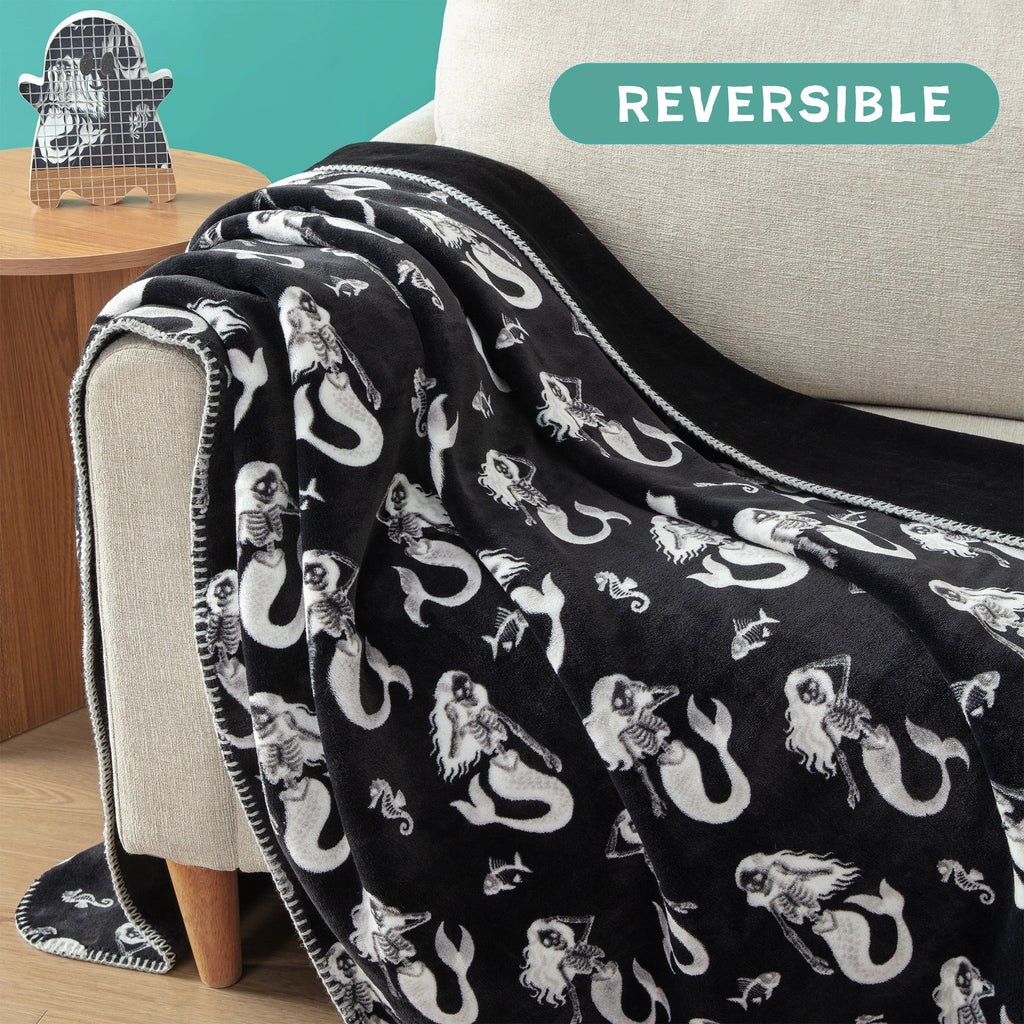 Boo-tique Soft Throw Blanket, Plush Fleece Blanket, Halloween Mermaids, Black, 50" x 72"