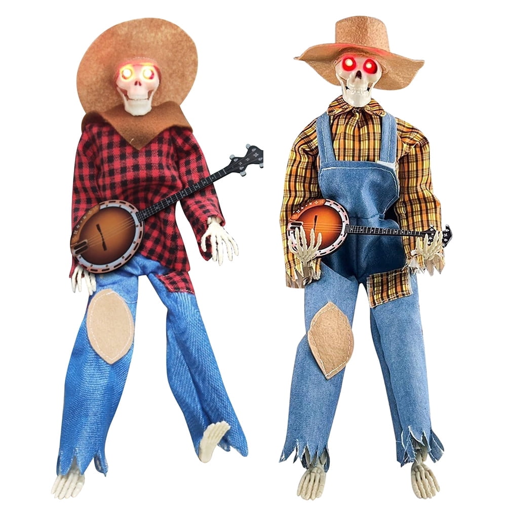15" Animated Banjo Cowboy Skeletons with Clothes and Hat for Party Shelf Halloween Decorations(Red)