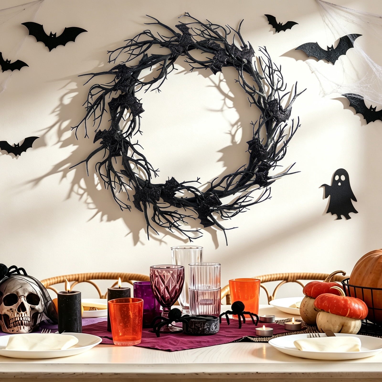 AGCAN 27 Inch Halloween Wreaths for Front Door, Unlit Halloween Wreaths with Witch Hat & Legs, Halloween Decorations for Home, Porch, Window, Indoor, Wall Decor