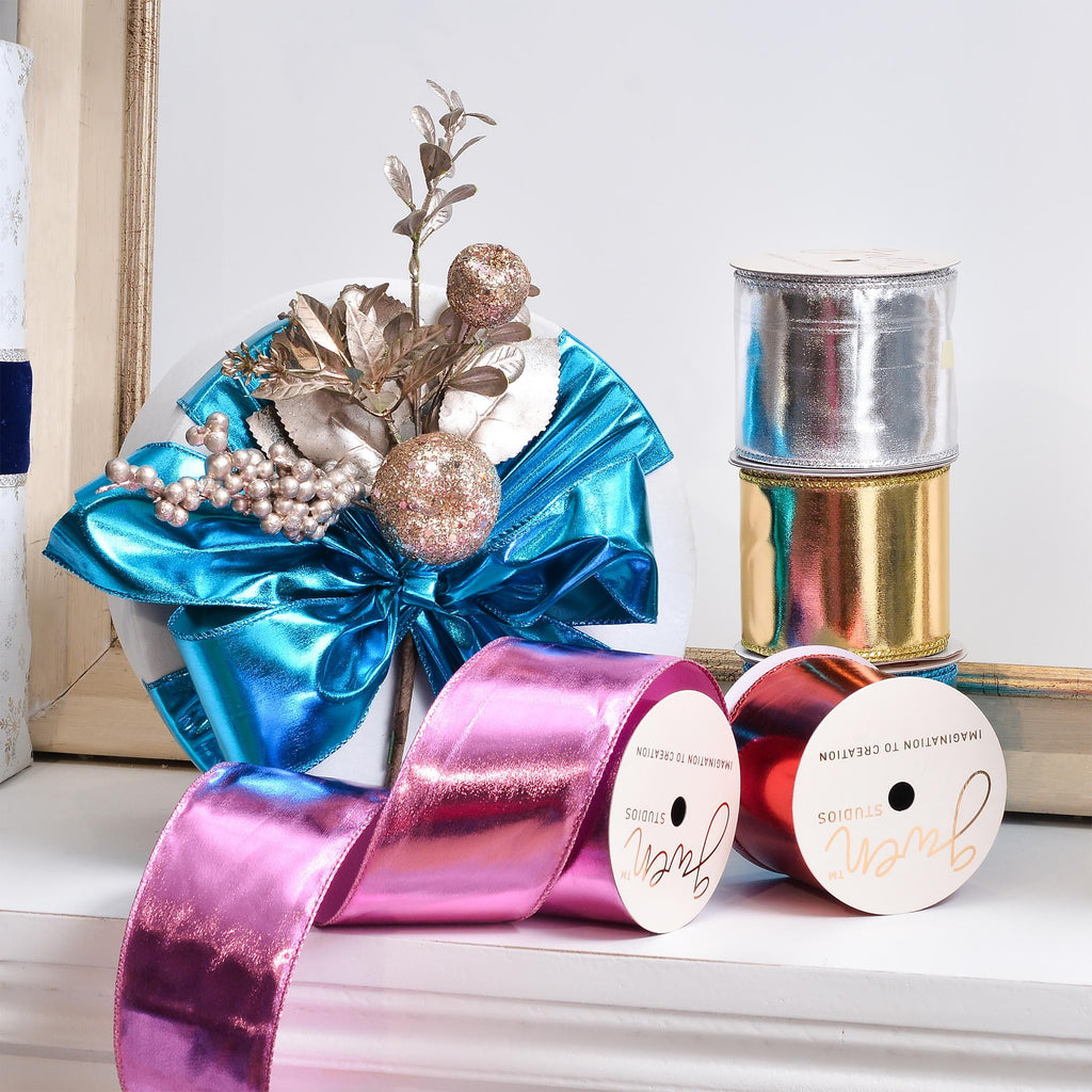 Gwen Studios 2.5" Red Lamé Wire Edge Ribbon, 3 Yards