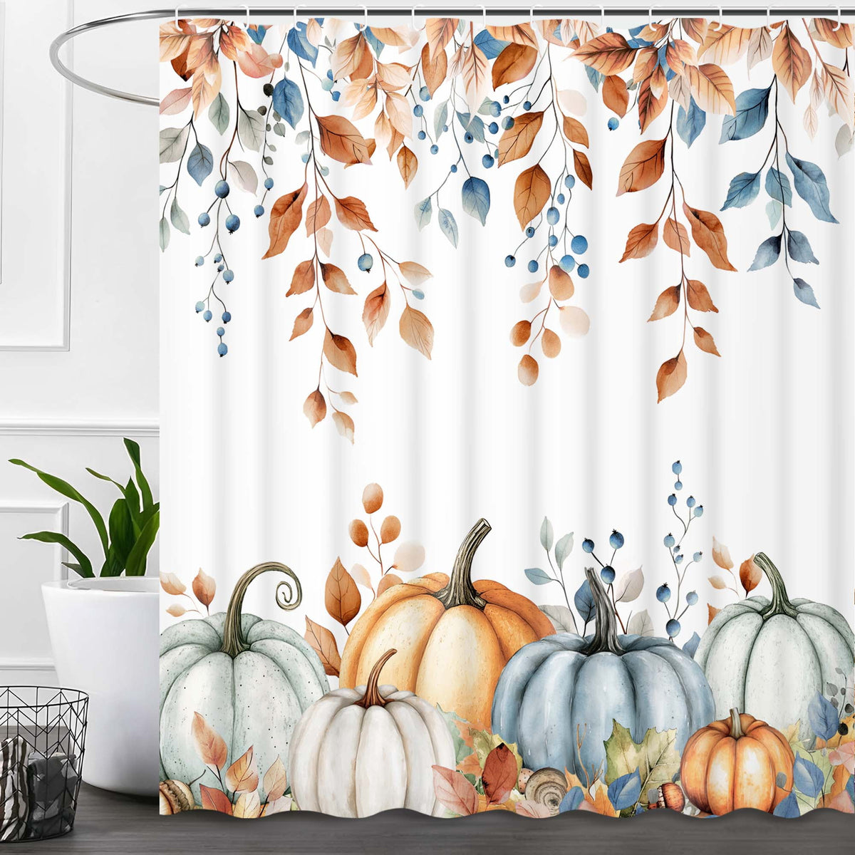 Ikfashoni Fall Shower Curtain with Hooks, Fall Decor for Home, Buffalo Plaid Pumpkin Waterproof Bathroom Curtains, 72"X72"