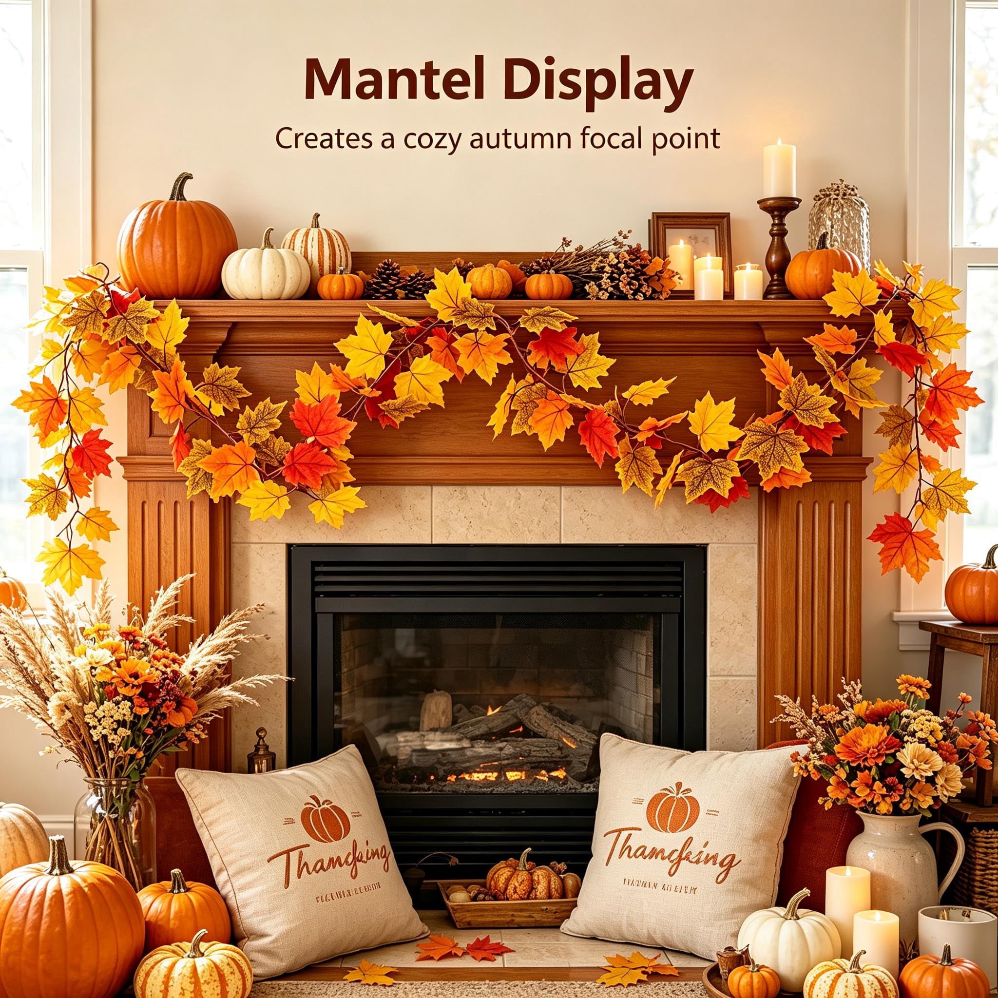 WKSCLPAI Halloween Maple Leaf Garland, Fall Vine Wreaths for Autumn Festivities Decor,Seasonal Garlands for Home,Halloween & Fall Decorations