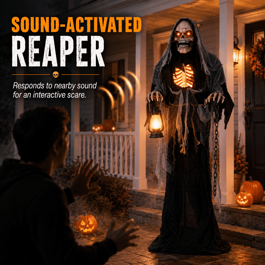 Romswi Halloween Decorations 5.5ft Standing Grim Reaper Animated with Light Up Eyes and Sound-Activated for Spooky Yard Garden Decor