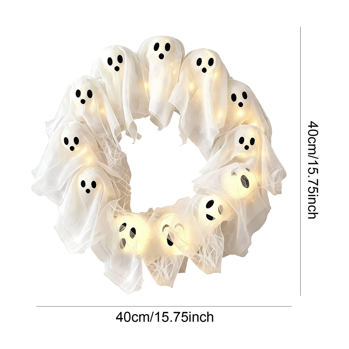Halloween Glowing Ghost Wreath, Light-up Spooky Wreath with 12 Ghost Decor, RC, 6H Timer, Ideal for Halloween Party (A 12x3inch)