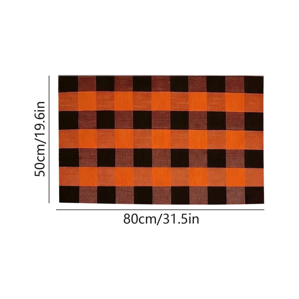 Orange Plaid Fall Outdoor Mat, Hand-Woven Porch Rug for Thanksgiving Halloween Door Decor