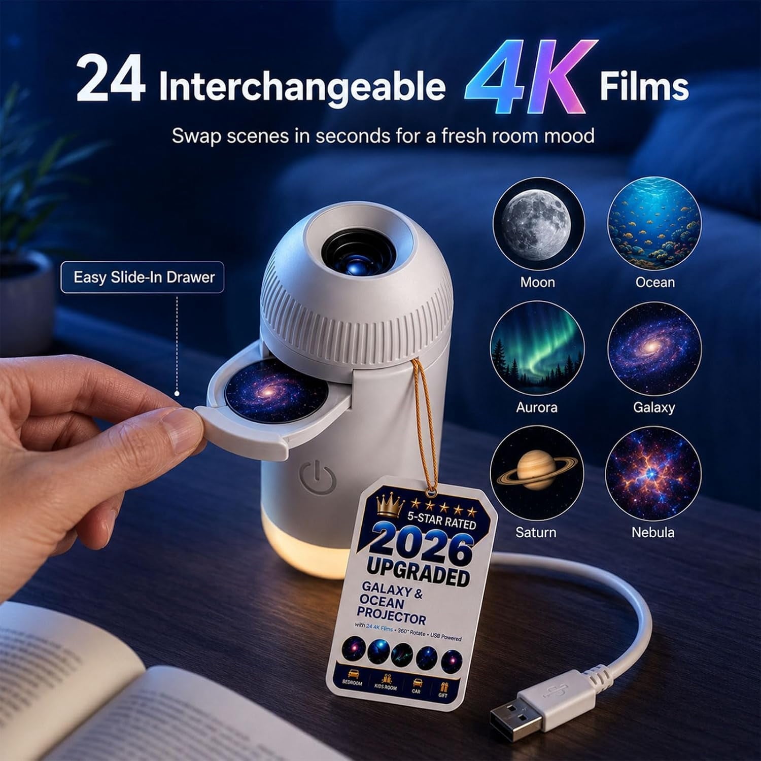 2026 New Upgraded 4K Smart Dynamic 5D Holographic Night Light Projector, 2-in-1 Galaxy & Ocean Star Ceiling Projector with 24 HD Films, 360° Flexible USB Powered Lamp for Bedroom Decor & Car GIft