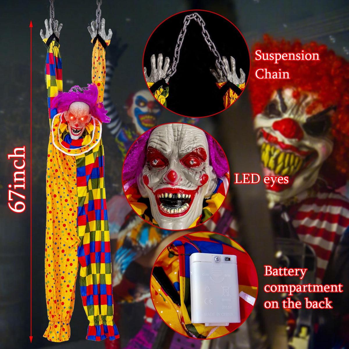 5.6 Ft Halloween Hanging Animated Talking Shaking Scary Clown with Chain Light Up Red Eyes Sound Touch Activated